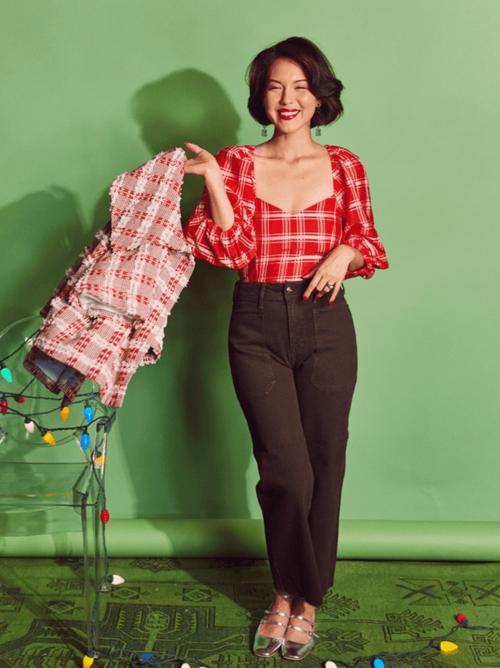 Buru Balloon Sleeve Bustier Red Plaid